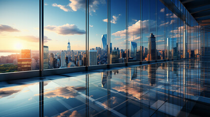 empty glass floor of modern office building and blue sky.