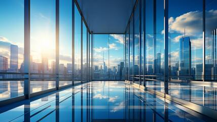 empty glass floor of modern office building and blue sky.