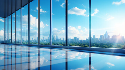 Fototapeta na wymiar empty glass floor of modern office building and blue sky.