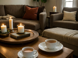 Fototapeta na wymiar Beautiful cozy living room decorated with candles and tea, beautiful light, warm and relaxing feeling