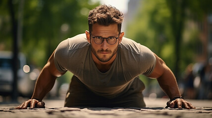 man with eyeglasses doing push - ups