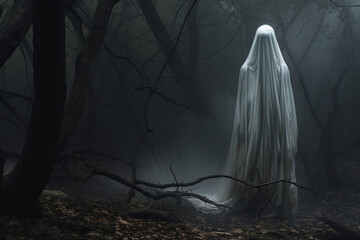 In the style of a haunting composition, a ghostly figure haunts the woods. - obrazy, fototapety, plakaty