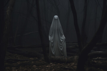 In the style of a haunting composition, a ghostly figure haunts the woods. - obrazy, fototapety, plakaty