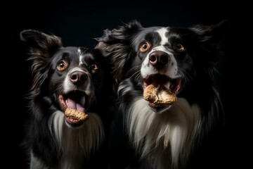Two dogs catch food. Funny border collie with a wide angle muzzle. Pet on black. Generative AI