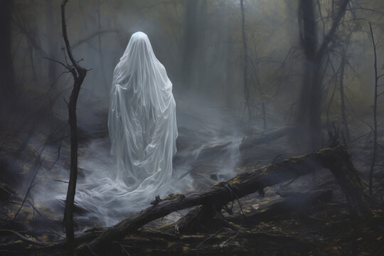 Hauntingly composed image of a ghostly apparition in the woods.