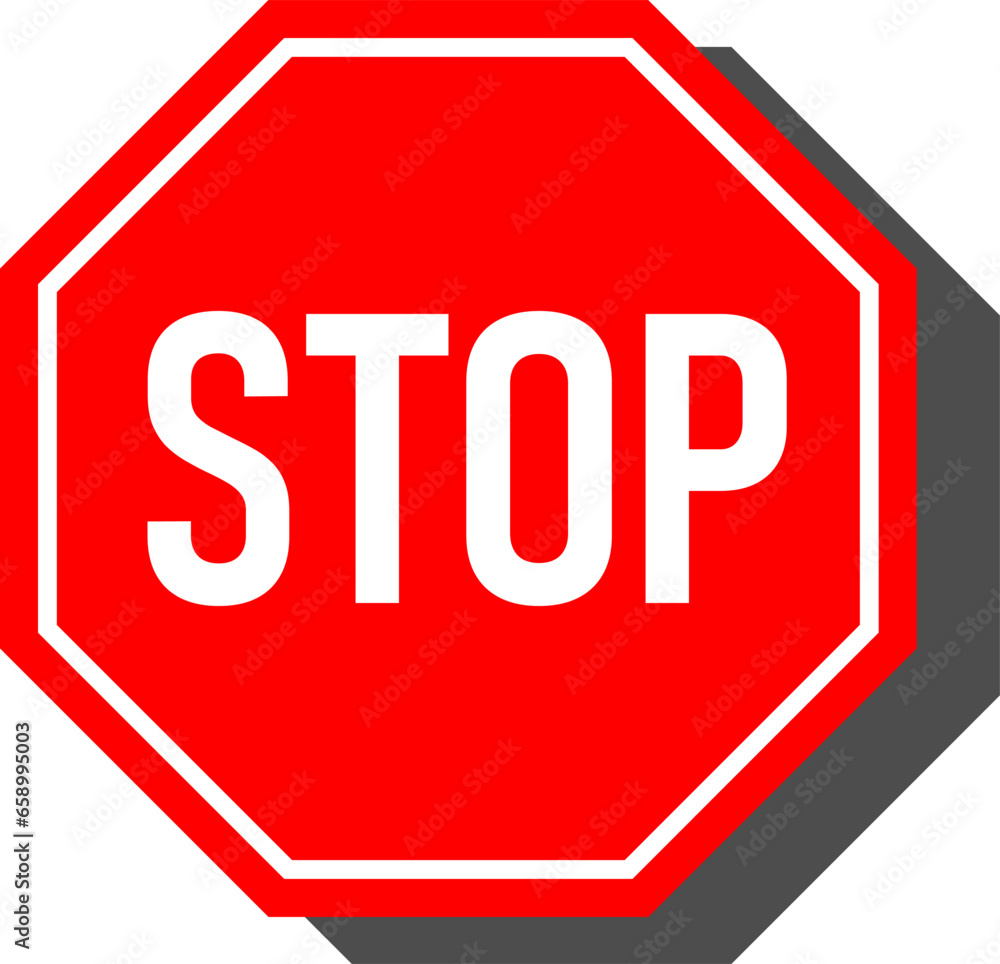 Poster red stop warning sign with an octagonal shape icon and shadow. vector image.