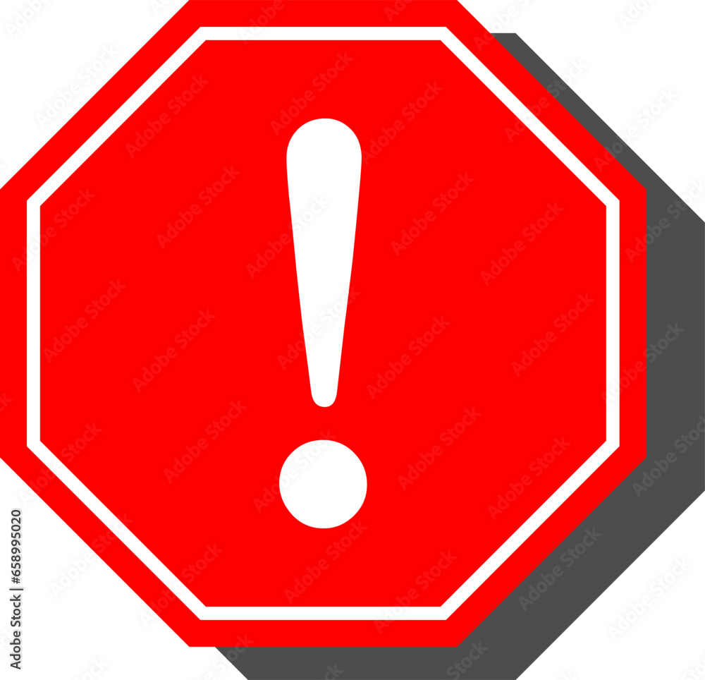 Poster red octagonal warning or attention sign with exclamation mark icon and shadow. vector image.