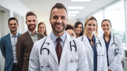 Leadership, teamwork and portrait doctors in hospital with support and success in healthcare. Health, help, and medicine, confident senior doctors happy medical employees smile together.
