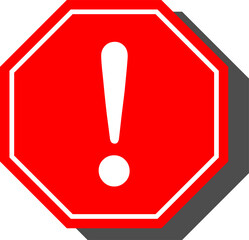 Red Octagonal Warning or Attention Sign with Exclamation Mark Icon and Shadow. Vector Image.