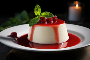 Delicious Italian dessert panna cotta with berry sauce, fresh berries and mint 
