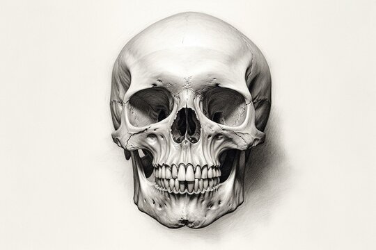 Front view of a human skull in a pencil-drawn style. Generative AI