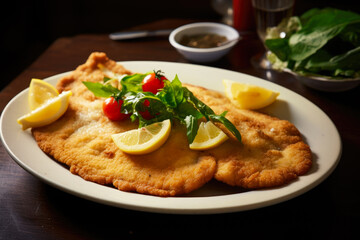 Authentic Italian food, veal Milanese (cotoletta alla milanese) close-up on a plate - obrazy, fototapety, plakaty
