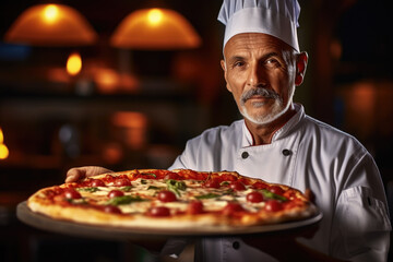 Portrait of professional chef in a pizzeria, pizzaiolo presenting freshly cooked pizza