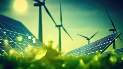 Rolgordijnen Solar panels and wind turbines in a field. Alternative energy sources. © Mr. Muzammil