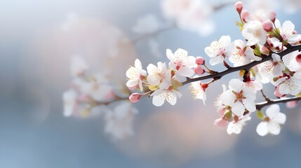 Branches of blossoming cherry blurry soft white background