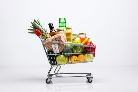 Shopping cart full of fruits, vegetables and groceries isolated on white background.