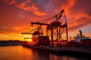 Fototapeta na wymiar A mesmerizing scene of shipping containers being delicately lifted by cranes during the golden hour. 