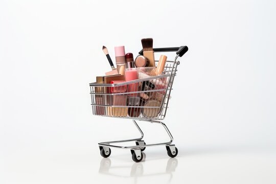 Shopping cart full of makeup products isolated on white background with copy space
