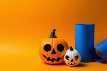 Halloween-themed decor and paper creations arranged on an orange background.