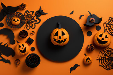 Decorative Halloween items and paper crafts set against an orange background.