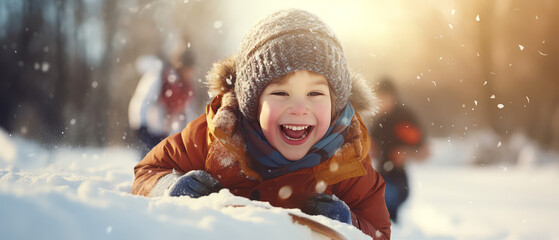 Close up of happy child, kid sledding from snowy mountain. Winter leisure activity. Generative ai - obrazy, fototapety, plakaty