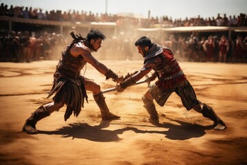 crowd cheering in the arena. gladiators fighting until death. roman, spartan, etruscan, greek,...