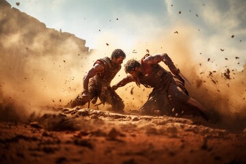 gladiators fighting until death. roman, spartan, etruscan, greek, thracian, carthaginian, byzantine. ancient hero. motion blur, dust scratches, grain texture. blood and gore in the arena. - obrazy, fototapety, plakaty