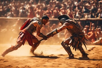 gladiators fighting until death. roman, spartan, etruscan, greek, thracian, carthaginian, byzantine. sword fighting. motion blur, dust scratches, grain texture. blood and gore in the arena. - obrazy, fototapety, plakaty