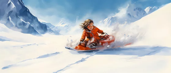 Fotobehang Close up of happy child, kid sledding from snowy mountain. Cartoon character. Winter leisure activity. Generative ai © Inai