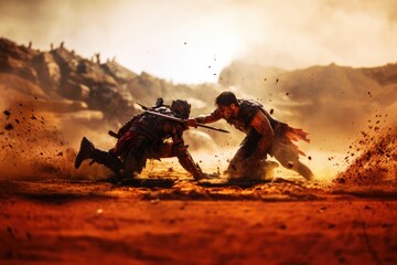 medieval battle. gladiators fighting until death. roman, spartan, etruscan, greek, thracian, carthaginian, byzantine. motion blur, dust scratches, grain texture. blood and gore in the arena. - obrazy, fototapety, plakaty