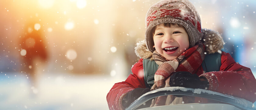 Close up of happy child, kid sledding from snowy mountain. Winter leisure activity. Generative ai