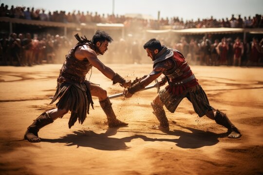crowd cheering in the arena. gladiators fighting until death. roman, spartan, etruscan, greek, thracian, carthaginian, byzantine. motion blur, dust scratches, grain texture. gore in the arena