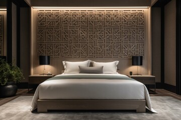 A room with a bed, wall panels, and furniture. Generative AI