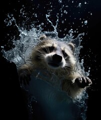 Raccoon falling into the water, splashing