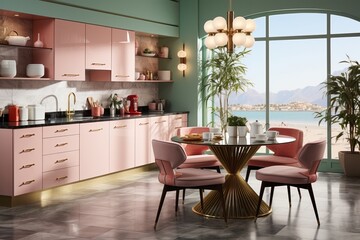 Chic Pink Kitchen with Ocean View, Gold Accents, and Elegant Furnishings