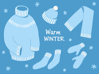 Set of warm winter clothes. Blue winter illustration in cartoon style.