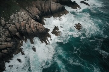 Breathtaking seaside from above, tumultuous waves, dark sea, rocky cliffs. Generative AI