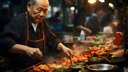 Asian male chef cooking food in a small restaurant in downtown area. - obrazy, fototapety, plakaty