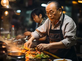 Foto op Plexiglas Asian male chef cooking food in a small restaurant in downtown area. © May Thawtar