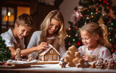 Happy family decorating Christmas gingerbread house together, Christmas and New Year traditions in the family