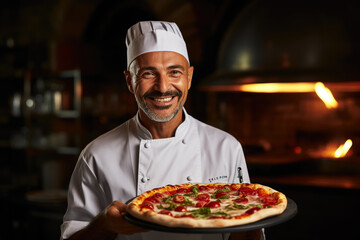 Portrait of professional chef in a pizzeria, pizzaiolo presenting freshly cooked pizza - obrazy, fototapety, plakaty