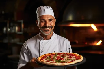 Schilderijen op glas Portrait of professional chef in a pizzeria, pizzaiolo presenting freshly cooked pizza © pilipphoto