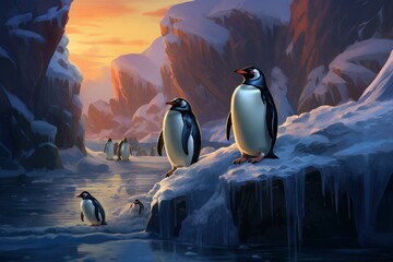 Several penguins perched on a rock by water and an icy cave. Generative AI