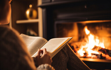 Woman reading a book by the fireplace in a cozy warm home close up, autumn vibe concept - obrazy, fototapety, plakaty