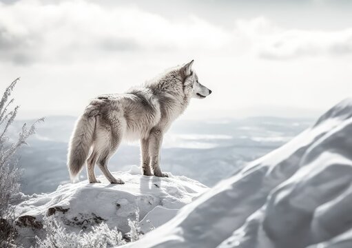 "A Winter's Serenade: The Enigmatic Elegance of a Lone Wolf Amidst the Snow." Generated AI.