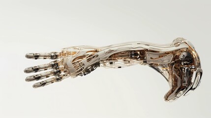 Robot arm, visible fingers and construction cables, development of robotics