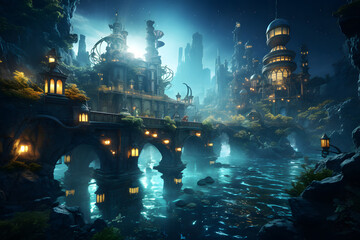 Obraz premium A city with a bridge over water.