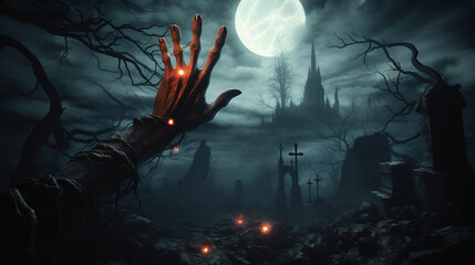 Fototapeta premium A Frightening Night Scene: Zombie's Hand Emerges from the Grave