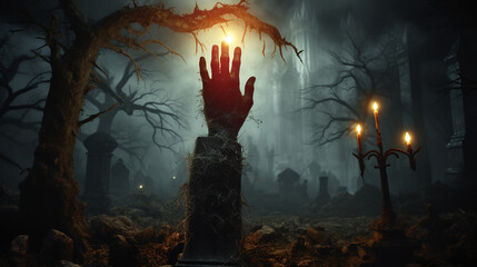 The Macabre Resurrection: Zombie Hand in a Spooky Graveyard at Night.