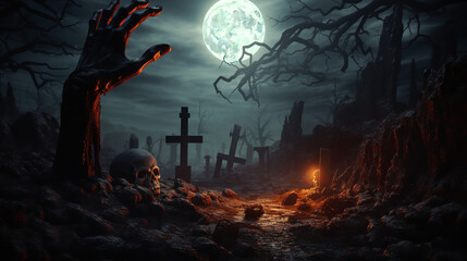 Zombie's Gruesome Hand Rising From Graveyard on a Haunting Night.